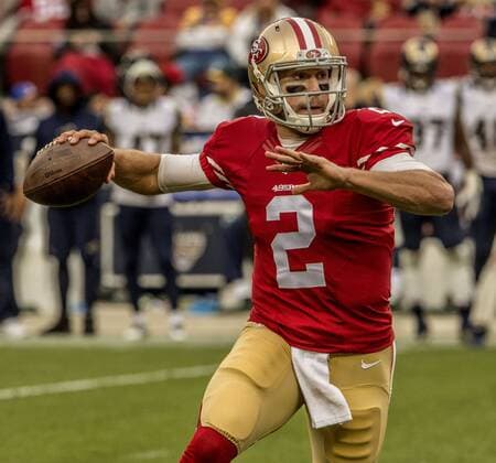 January 3, 2016: San Francisco 49ers quarterback Blaine Gabbert (2) passes ball under pressure on Sunday, January 3, 2016, at Levis Stadium in Santa Clara, California. The 49ers defeated the Rams 19-16 in an overtime game. NFL American Football Herren USA 2016: Rams vs 49ers JAN 03 - ZUMAc04_
