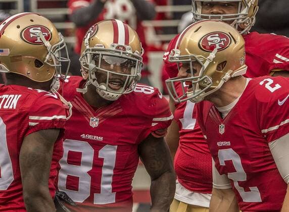 January 3, 2016: San Francisco 49ers wide receiver Anquan Boldin (81) celebrates touchdown with quarterback Blaine Gabbert (2) on Sunday, January 3, 2016, at Levis Stadium in Santa Clara, California. The 49ers defeated the Rams 19-16 in an overtime game. NFL American Football Herren USA 2016: Rams vs 49ers JAN 03 - ZUMAc04_