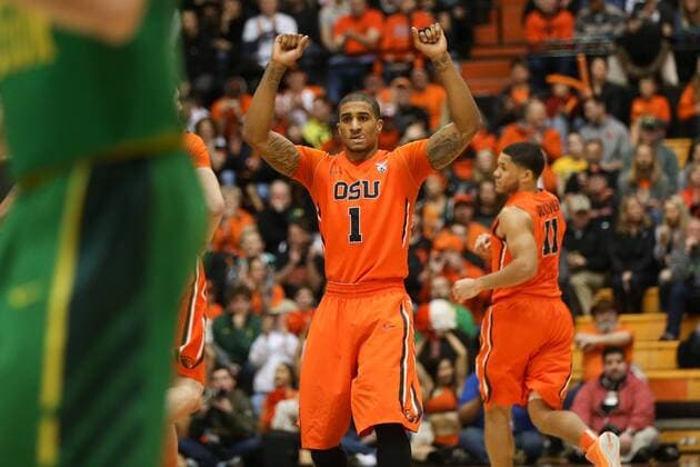Jan. 3, 2016 - GARY PAYTON II (1) celebrates a play. The Oregon State Beavers host the University of Oregon Ducks at Gill Coliseum in Corvallis, OR, on Janurary 3rd, 2016. Photo by Pac 12 NCAA College League USA Basketball - Oregon State vs. University of Oregon - ZUMAb135