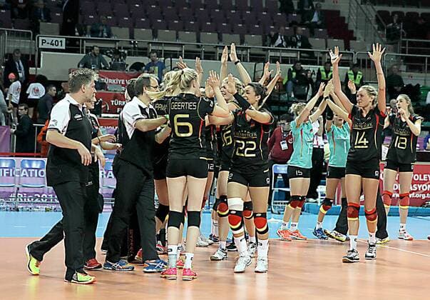 2016 European Olympic Qualification Pool A match Germany and Netherlands in Ankara on January 4, 2016. Pictured: Germany s players celebrate during the Women s 2016 European Olympic Qualification Pool A match 