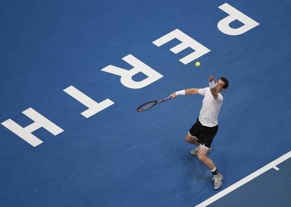 Jan. 4, 2016 - Perth, Australia - ANDY MURRAY (GBR) serves the ball against KENNY De SCHEPPER (FRA) during the men s singles match on Day 2 at the Hopman Cup tennis tournament in Perth, Australia. Sports News - Jan. 4, 2016 - ZUMAk129