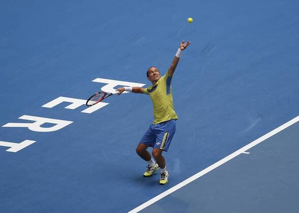 Jan. 4, 2016 - Perth, Australia - ALEX DOLGOPOLOV (UKR) serves the ball against JACK SOCK (USA) during the men s singles on Day 2 at the Hopman Cup tennis tournament in Perth, Australia. Sports News - Jan. 4, 2016 - ZUMAk129