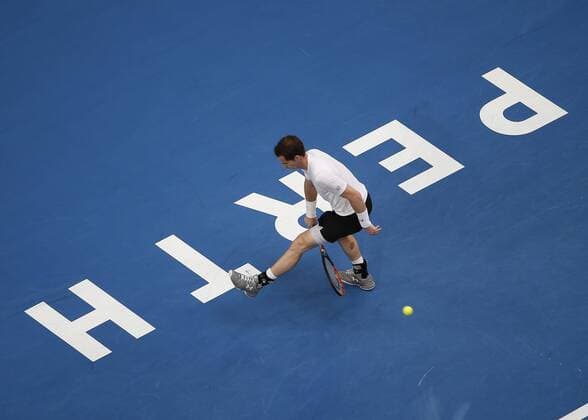 Jan. 4, 2016 - Perth, Australia - ANDY MURRAY (GBR) plays a shot through his legs against KENNY De SCHEPPER (FRA) during the men s singles match on Day 2 at the Hopman Cup tennis tournament in Perth, Australia. Sports News - Jan. 4, 2016 - ZUMAk129