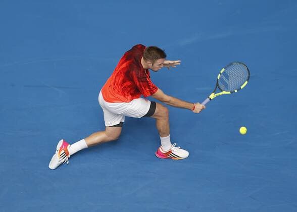 Jan. 4, 2016 - Perth, Australia - JACK SOCK (USA) hits a backhand shot against ALEX DOLGOPOLOV (UKR) during the men s singles on Day 2 at the Hopman Cup tennis tournament in Perth, Australia. Sports News - Jan. 4, 2016 - ZUMAk129