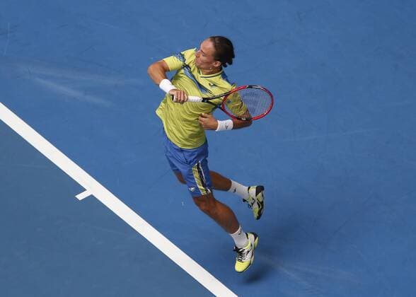 Jan. 4, 2016 - Perth, Australia - ALEX DOLGOPOLOV (UKR) hits a forehand shot against JACK SOCK (USA) during the men s singles on Day 2 at the Hopman Cup tennis tournament in Perth, Australia. Sports News - Jan. 4, 2016 - ZUMAk129