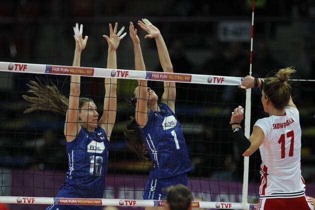 2016 European Olympic Qualification Pool B match Poland and Russia in Ankara on January 4, 2016. Final Score: Poland 2 - Russia 3 Pictured: Yana Shcherban 1, Irina Zaryazhko 16 of Russia. and Katarzyna Ewa Skowronska-Dolata 17 of Poland. 