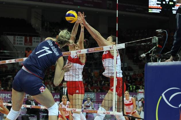 2016 European Olympic Qualification Pool A match Turkey and Croatia in Ankara on January 4, 2016. Final Score: Turkey 3 - Croatia 0 Pictured: Gozde Kirdar 2, Kubra Akman 5 of Turkey and Katarina Barun Susnjar 11 of Croatia. 