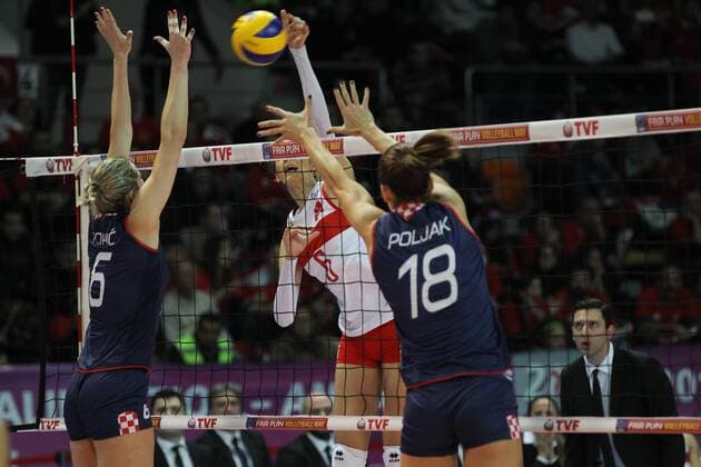 2016 European Olympic Qualification Pool A match Turkey and Croatia in Ankara on January 4, 2016. Final Score: Turkey 3 - Croatia 0 Pictured: Polen Uslupehlivan 6 of Turkey and Mira Topic 6, Maja Poljak 18 of Croatia. 