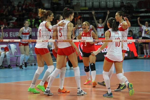2016 European Olympic Qualification Pool A match Turkey and Croatia in Ankara on January 4, 2016. Final Score: Turkey 3 - Croatia 0 Pictured: Turkey team players celebrate after the score. ( Gizem Karadayi 3 ) 