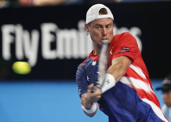 Jan. 5, 2016 - Perth, Western Australia, AUSTRALIA - LLEYTON HEWITT (AUS) plays a back hand shot against JACK SOCK (USA) during the men s singles match on Day 3 at the Hopman Cup tennis tournament in Perth, Australia, Tuesday Jan. 5, 2016. Hopman Cup Tennis - ZUMAk129