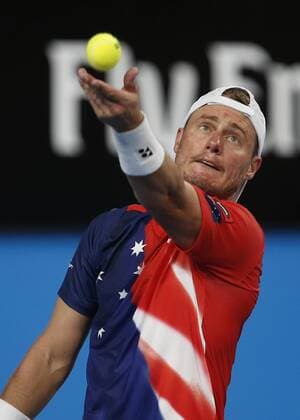 Jan. 5, 2016 - Perth, Western Australia, AUSTRALIA - LLEYTON HEWITT (AUS) serves the ball against JACK SOCK (USA) during the men s singles match on Day 3 at the Hopman Cup tennis tournament in Perth, Australia, Tuesday Jan. 5, 2016. Hopman Cup Tennis - ZUMAk129