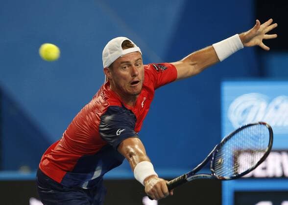 Jan. 5, 2016 - Perth, Western Australia, AUSTRALIA - LLEYTON HEWITT (AUS) plays a shot against JACK SOCK (USA) during the men s singles match on Day 3 at the Hopman Cup tennis tournament in Perth, Australia, Tuesday Jan. 5, 2016. Hopman Cup Tennis - ZUMAk129