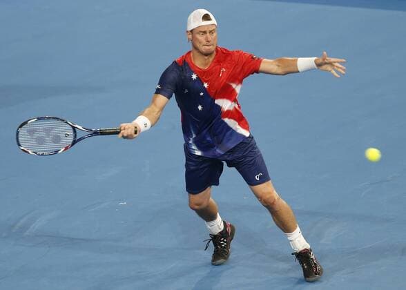 Jan. 5, 2016 - Perth, Western Australia, AUSTRALIA - LLEYTON HEWITT (AUS) returns a forehand shot against JACK SOCK (USA) during the men s singles match on Day 3 at the Hopman Cup tennis tournament in Perth, Australia, Tuesday Jan. 5, 2016. Hopman Cup Tennis - ZUMAk129