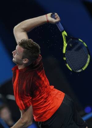 Jan. 5, 2016 - Perth, Western Australia, AUSTRALIA - JACK SOCK (USA) serves the ball against LLEYTON HEWITT (AUS) during the men s singles match on Day 3 at the Hopman Cup tennis tournament in Perth, Australia, Tuesday Jan. 5, 2016. Hopman Cup Tennis - ZUMAk129