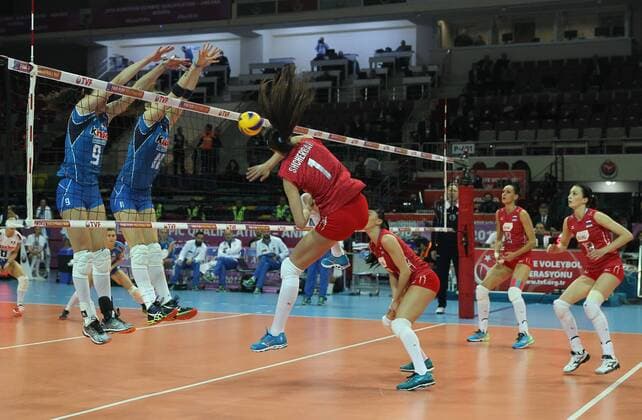 2016 European Olympic Qualification Pool B dAY 2 - match Italy and Russia at Baskent Volleyball Hall in Ankara on January 5, 2016. Final Score: Italy 1 - Russia 3 Pictured: Yana Shcherban 1 of Russia and Nadia Centoni 9, Cristina Chirichella 11of Italy. 