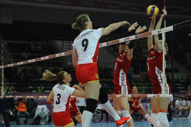 2016 European Olympic Qualification Pool B DAY 2 - match Poland and Belgium at Baskent Volleyball Hall in Ankara on January 5, 2016. Final Score: Poland 1 - Belgium 3 Pictured: Gabriela Polanska 9, Anna Werblinska 1 of Poland and Freya Aelbrecht (L) of Belgium. 