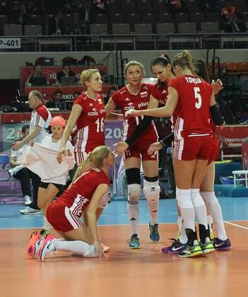 2016 European Olympic Qualification Pool B DAY 2 - match Poland and Belgium at Baskent Volleyball Hall in Ankara on January 5, 2016. Final Score: Poland 1 - Belgium 3 Pictured: Poland team players celebrate after the score. 
