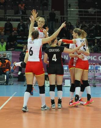 2016 European Olympic Qualification Pool B DAY 2 - match Poland and Belgium at Baskent Volleyball Hall in Ankara on January 5, 2016. Final Score: Poland 1 - Belgium 3 Pictured: Belgium players celebrate after the victory. 
