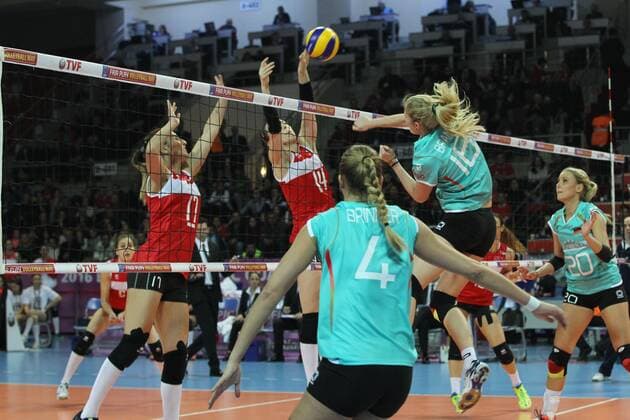 2016 European Olympic Qualification Pool A Day 2 - match Turkey and Germany at Baskent Volleyball Hall in Ankara on January 5, 2016. Final Score: Turkey 3 - Germany 1 Pictured: Neslihan Demir Guler 17, Eda Erdem Dundar 14 of Turkey and Anja Brandt 16 of Germany. 