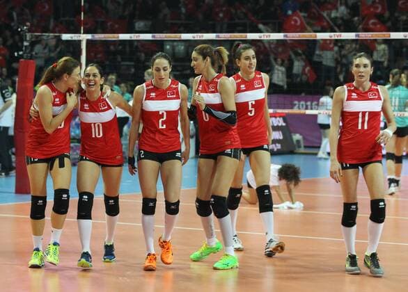 2016 European Olympic Qualification Pool A Day 2 - match Turkey and Germany at Baskent Volleyball Hall in Ankara on January 5, 2016. Final Score: Turkey 3 - Germany 1 Pictured: Turkey Team players celebrate for the score. 