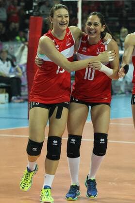 2016 European Olympic Qualification Pool A Day 2 - match Turkey and Germany at Baskent Volleyball Hall in Ankara on January 5, 2016. Final Score: Turkey 3 - Germany 1 Pictured: Neriman Ozsoy (L), Guldeniz Onal (R) of Turkey . 