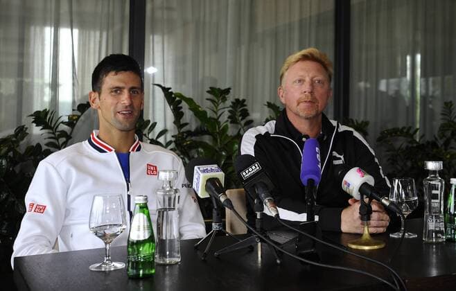 NOVAK DJOKOVIC, Serbian tennis player, and BORIS BECKER, coach of Novak Djokovic, at press conference PK Pressekonferenz in Tennis Centre Novak. Belgrade, 25.09.2015. NebojsaxParausic 