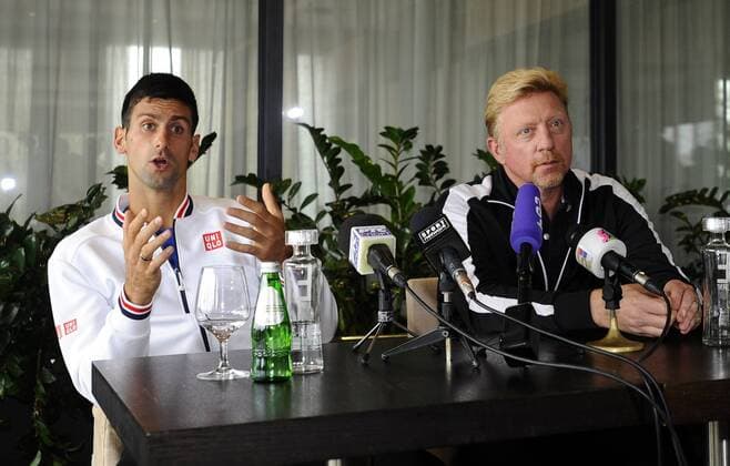 NOVAK DJOKOVIC, Serbian tennis player, and BORIS BECKER, coach of Novak Djokovic, at press conference PK Pressekonferenz in Tennis Centre Novak. Belgrade, 25.09.2015. NebojsaxParausic 