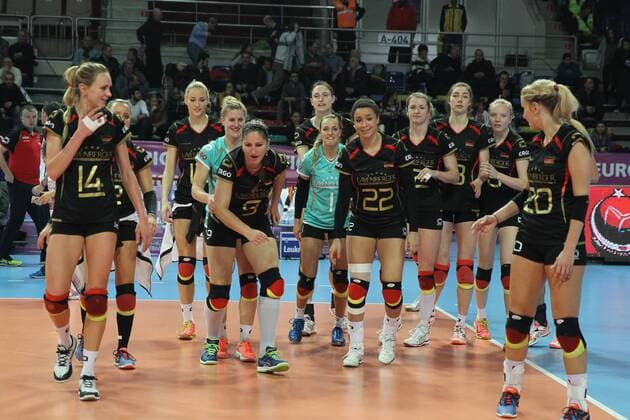 Volleyball, Damen, Olympia Quali, Deutschland - Kroatien 2016 European Olympic Qualification Pool A Day 3 - match Germany and Craotia at Baskent Volleyball Hall in Ankara on January 6, 2016. Final Score: Germany 3 - Croatia 0 Pictured: Germany Team players celebrate end of the match. 