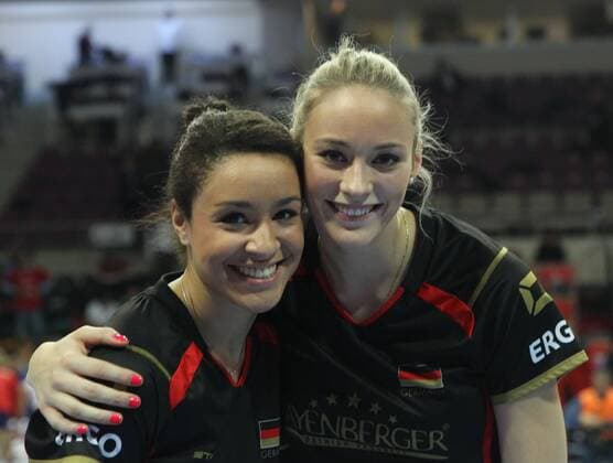 2016 European Olympic Qualification Pool A Day 3 - match Germany and Craotia at Baskent Volleyball Hall in Ankara on January 6, 2016. Final Score: Germany 3 - Croatia 0 Pictured: Lisa Izquerdo (L) Louisa Lippmann (R) of Germany. 