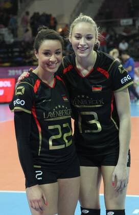 Volleyball, Damen, Olympia Quali, Deutschland - Kroatien 2016 European Olympic Qualification Pool A Day 3 - match Germany and Craotia at Baskent Volleyball Hall in Ankara on January 6, 2016. Final Score: Germany 3 - Croatia 0 Pictured: Lisa Izquerdo (L) Louisa Lippmann (R) of Germany. 
