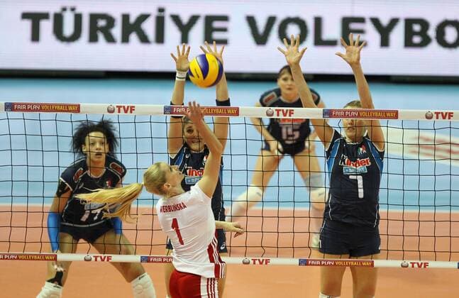 2016 European Olympic Qualification Pool B - Day 4 - match Poland and Italy in Ankara on January 7, 2016. Final Score: Poland 2 - Italy 3 Pictured: Valentina Diouf 17, Martina Guiggi 7 of Italy and Anna Werblinska of Poland. 