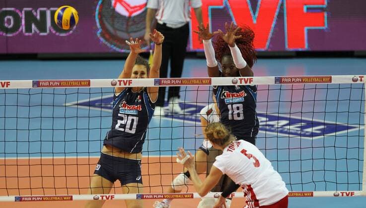 2016 European Olympic Qualification Pool B - Day 4 - match Poland and Italy in Ankara on January 7, 2016. Final Score: Poland 2 - Italy 3 Pictured: Paola Ogechi Egonu 18, Anna Danesi 20 of Italy and Berenika Katarzyna Tomsia 5 of Poland. 