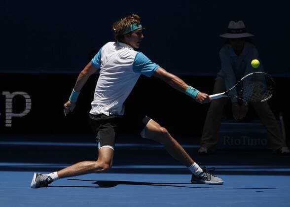 Jan. 8, 2016 - Perth, Western Australia, Australia - ALEXANDER ZVEREV (GER) slides into a backhand shot against Andy Murray (GBR) during the men s singles match on Day 6 at the Hopman Cup tennis tournament in Perth, Australia. Hopman Cup Tennis - ZUMAk129