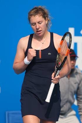SHENZHEN, CHINA - JANUARY 08: (CHINA OUT) Anna-Lena Friedsam of Germany celebrates against Agnieszka Radwanska of Poland in Women s semi-final match during Day six of 2016 WTA Tennis Damen Shenzhen Open at Longgang Sports Center on January 8, 2016 in Shenzhen, Guangdong Province of China.  CFP477921494 