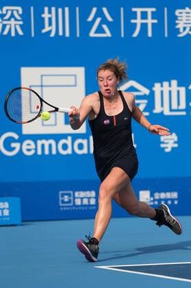 SHENZHEN, CHINA - JANUARY 08: (CHINA OUT) Anna-Lena Friedsam of Germany returns a shot against Agnieszka Radwanska of Poland in Women s semi-final match during Day six of 2016 WTA Tennis Damen Shenzhen Open at Longgang Sports Center on January 8, 2016 in Shenzhen, Guangdong Province of China.  CFP477921498 