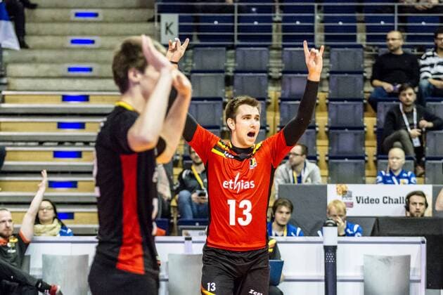Jubel DEROEY Dennis ( 13 Belgien) und VAN WALLE Gert ( 12 Belgien) GER, Berlin, Volleyball, Europa, CEV, Olympia-Qualifikation, Turnier, 08.01.2016, Max-Schmeling-Halle, Serbien - Belgien