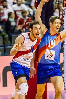 Jubel IVOVIC Marko ( 8 Serbien) und ROSIC Nikola ( 19 Serbien) GER, Berlin, Volleyball, Europa, CEV, Olympia-Qualifikation, Turnier, 08.01.2016, Max-Schmeling-Halle, Serbien - Belgien