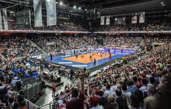 Berlin, Deutschland, 08.01.2016: Volleyball Olympia Qualifikation Männer Maenner 2016 - Spiel Deutschland - Polen. Übersicht, Uebersicht, Totale Max-Schmeling-Halle