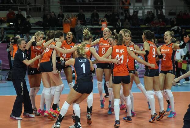 2016 European Olympic Qualification Semifinal match Italy and Netherlands at Baskent Sports Hall in Ankara on January 8, 2016. Final Score: Italy 0 - Netherlands 3 Pictured: Netherlands team players celebrate after the match. 