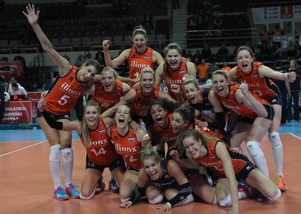 2016 European Olympic Qualification Semifinal match Italy and Netherlands at Baskent Sports Hall in Ankara on January 8, 2016. Final Score: Italy 0 - Netherlands 3 Pictured: Netherlands team players celebrate after the match. 
