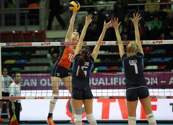2016 European Olympic Qualification Semifinal match Italy and Netherlands at Baskent Sports Hall in Ankara on January 8, 2016. Final Score: Italy 0 - Netherlands 3 Pictured: Martina Guiggi 7, Antonella Del Core 15 of Italy and Lonneke Sloetjes 10 of Netherlands. 