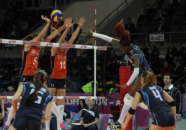 2016 European Olympic Qualification Semifinal match Italy and Netherlands at Baskent Sports Hall in Ankara on January 8, 2016. Final Score: Italy 0 - Netherlands 3 Pictured: Paola Ogechi Rgonu of Italy and Robin De Kruijf 5, Anne Buijs 11 of Netherlands. 