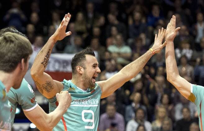 Georg GROZER (9 GER) jubelt nach einem Punktgewinn. Gruppenspiel: Polen - Deutschland am 08.01.2016 Volleyball Europaeisches Olympia Qualifikationsturnier 2016 in Berlin, Deutschland,