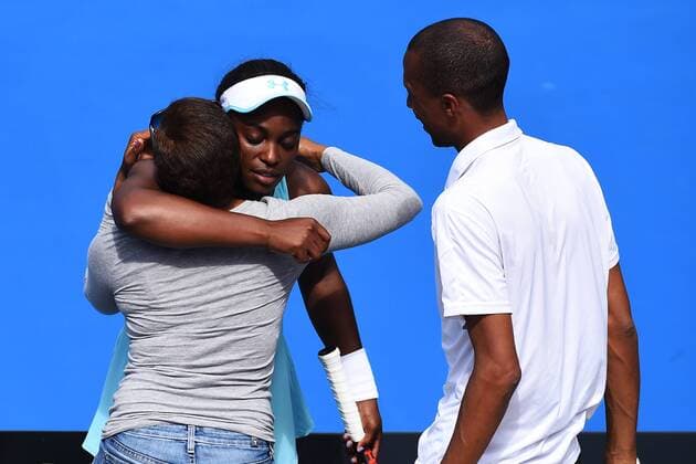 09.01.2016. Auckland, New Zealand. Sloane Stephens of the USA gets a hug from her Mother after beating Julie Georges (ger) on Day 6 of the Singles Final of the 2016 ASB Classic Womens. ASB Tennis Centre, Auckland, New Zealand. Saturday 9 January 2016. Stephens won the final 6-2 7-6 (3) xChrisxSymesx  ActionPlus11694898