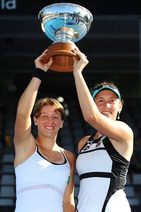 09.01.2016. Auckland, New Zealand. Elise Mertens (BEL) and An-Sophie Mestach (BEL) win the doubles final during Day 6 of the of the 2016 ASB Classic Womens. ASB Tennis Centre, Auckland, New Zealand. Saturday 9 January 2016. xChrisxSymesx  ActionPlus11694905