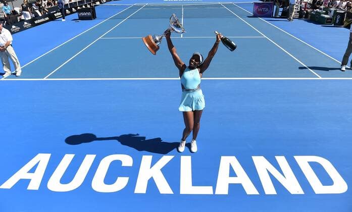 09.01.2016. Auckland, New Zealand. Sloane Stephens (USA) celebrates after beating Julie Georges (ger) on Day 6 of the Singles Final of the 2016 ASB Classic Womens. ASB Tennis Centre, Auckland, New Zealand. Saturday 9 January 2016. Stephens won the final 6-2 7-6 (3) xAndrewxCornagax  ActionPlus11694909