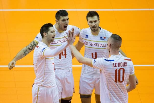 Volleyball, Olympia Quali, Frankreich - Polen 09.01.2016 BERLIN MAX SCHMELING HALLE, EUROPEAN OLYMPIC QUALIFICATION MEN VOLLEYBALL SEMIFINAL, FRANCE vs. POLAND: KEVIN TILLIE , NICOLAS LE GOFF , KEVIN TILLIE , KEVIN LE ROUX  20160109SCJP3032_edited-1