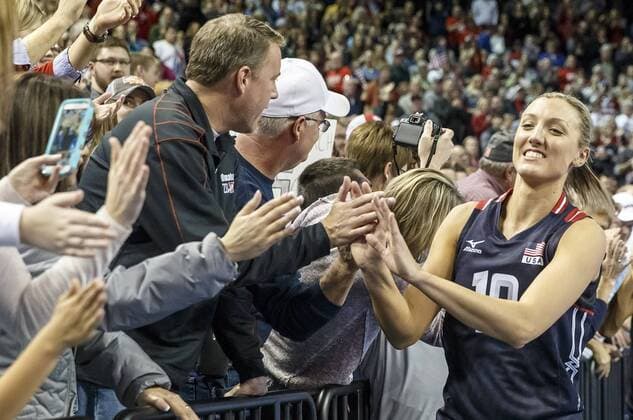 January 09, 2016 - Lincoln, NE U.S. - United States outside hitter Jordan Larson-Burbach 10 gets congratulated by fans after their NORCECA Women s Continental Olympic Qualification Tournament match between United States and Dominican Republic at Pinnacle Bank Arena in Lincoln, NE...Attendance: 10,213.United States won 25-19, 25-19 and 25-18. 2016 Women s NORCECA Continental Olympic Qualification Tournament: United States vs Dominican Republic JAN 09 - ZUMAc04_