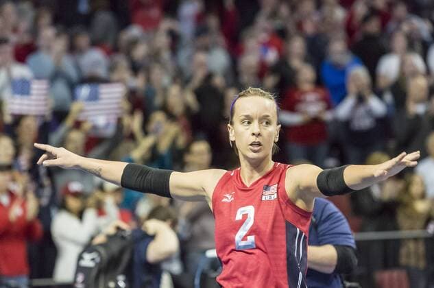 January 09, 2016 - Lincoln, NE U.S. - United States libero Kayla Banwarth 2 reacts after the final point of their NORCECA Women s Continental Olympic Qualification Tournament match between United States and Dominican Republic at Pinnacle Bank Arena in Lincoln, NE...Attendance: 10,213.United States won 25-19, 25-19 and 25-18. 2016 Women s NORCECA Continental Olympic Qualification Tournament: United States vs Dominican Republic JAN 09 - ZUMAc04_