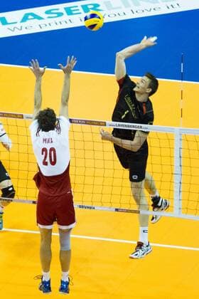 Berlin Angriff Christian Fromm ( 1, Deutschland Germany); 2016 CEV Volleyball European Olympic Qualification Berlin, Max-Schmeling-Halle, Berlin Deutschland Germany, 20160110 Partie (match): Kleines Finale Deutschland gegen Polen (3rd place match Germany vs Poland); Copyright: Wuechnerx xEibner-Pressefoto EP_nwr